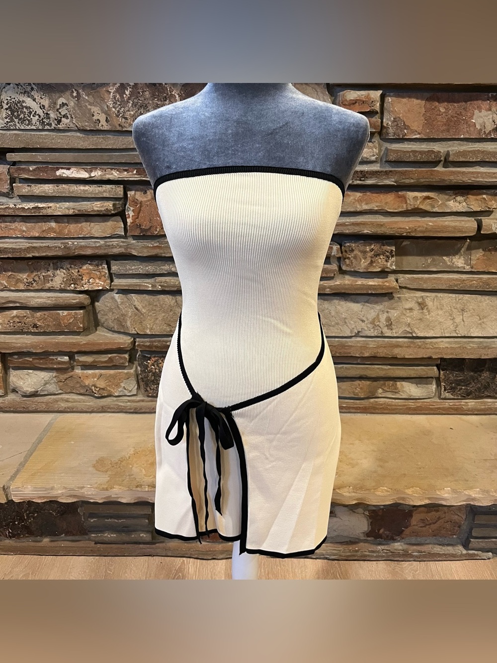 Meshki Rian Strapless Knit Cream Mini Dress with Black Trim
